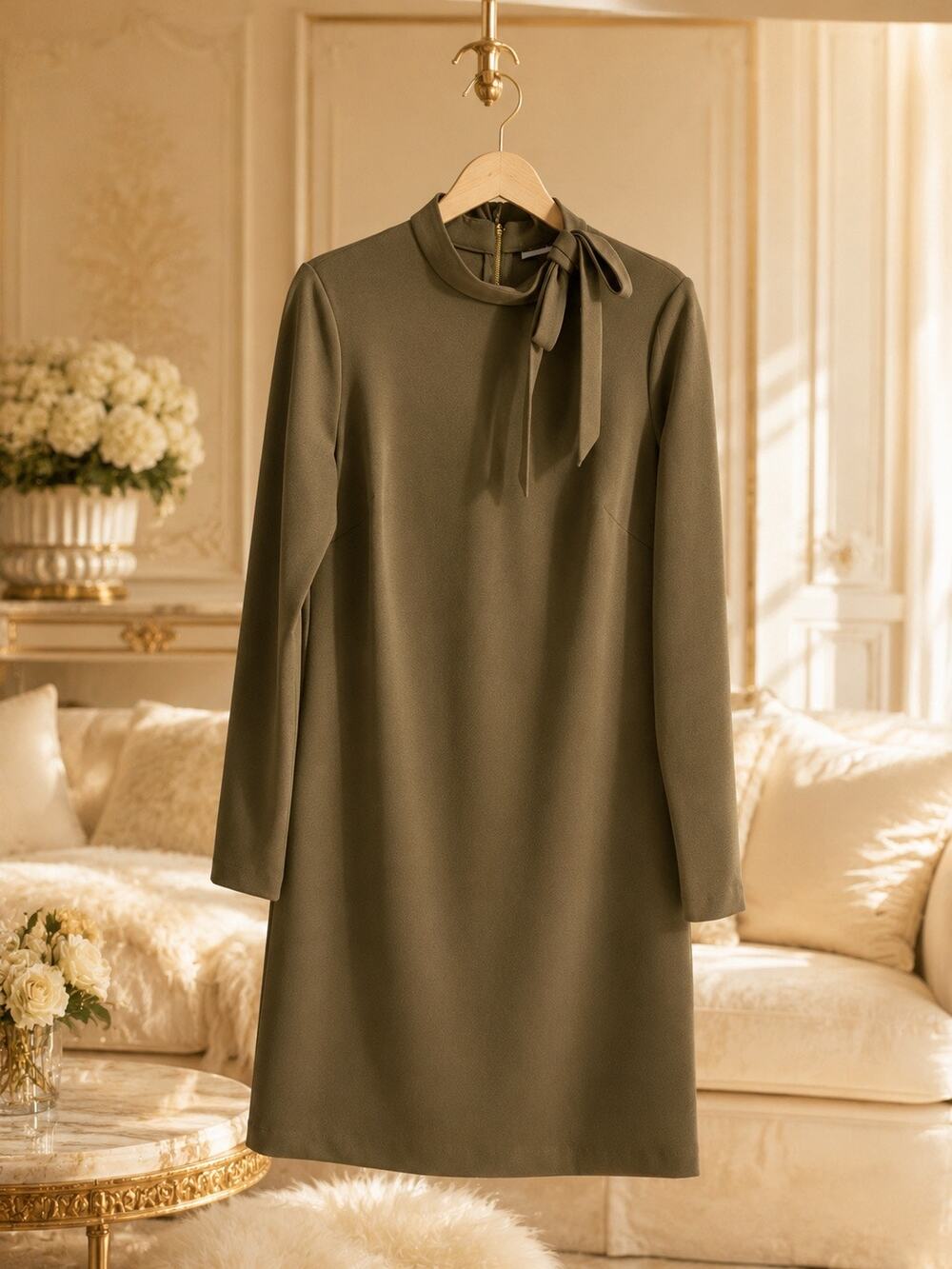 Calvin Klein Green Tie Neck Long Sleeve Dress Gold Zip NWT Size 10 Business Chic